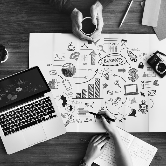 View of table top with marketing thoughts