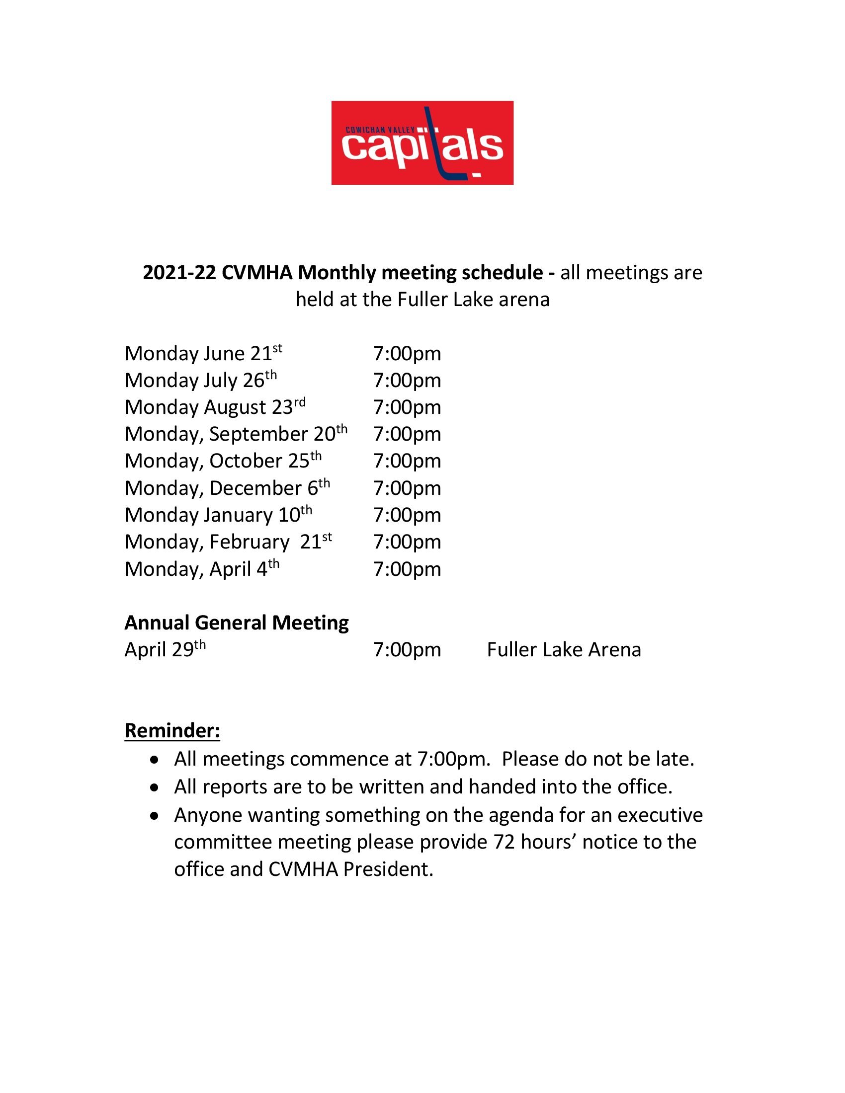 2021-2022 Schedule of Executive Meetings