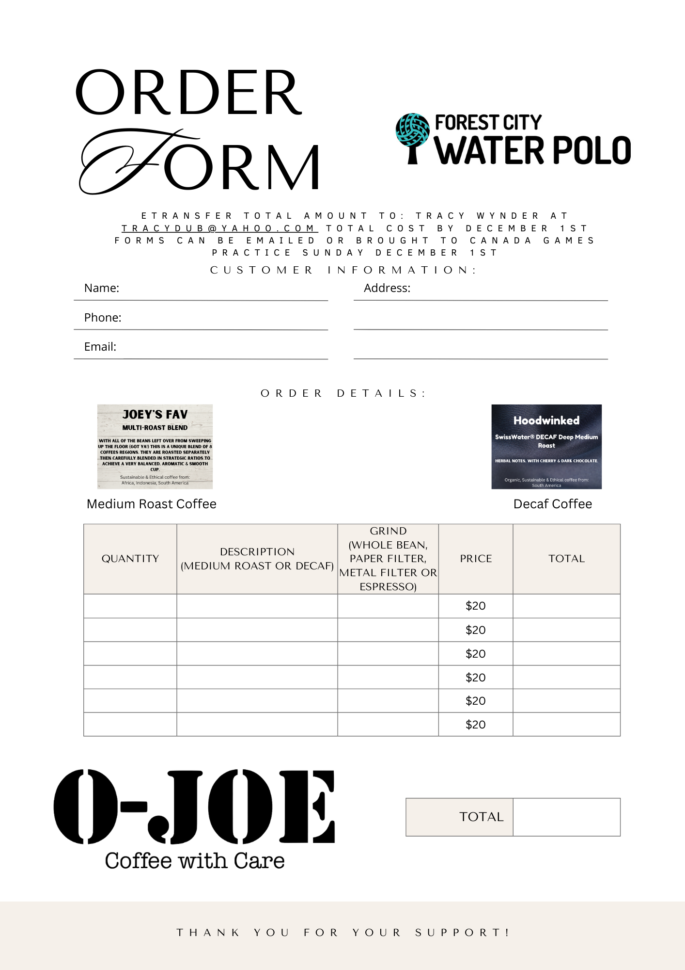 Ojoe Coffee Fundraiser Order Form