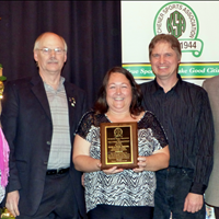 KSA Volunteer Award (2013) for Stanley Park Optimist Ball: (l-r) Kelly Galloway-Sealock (City of Kitchener Councillor), Gord Dearborn (presenter), Ruth and Paul Reitzel (award recipients) and Bill Pegg (KSA President).